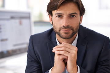 Image showing Portrait, confidence and businessman in office with small business, consultant or agency career. Professional advisor, workplace and entrepreneur at desk with pride, commitment and corporate job.
