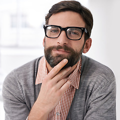 Image showing Thinking, portrait and business man with glasses in office for thoughtful, brainstorming or planning. Why, questions or male entrepreneur with solution, problem solving or curious with how to gesture