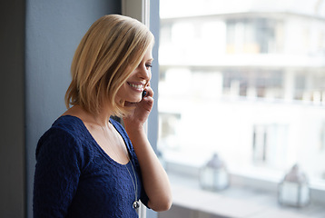 Image showing Smile, phone call and woman in home, listening to contact or news by window. Smartphone, chat and happy person in communication, connection or speaking for networking in conversation on mobile tech