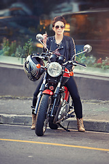 Image showing Motorcycle, leather and woman in city with cigarette for travel, transport or road trip as rebel. Fashion, street and smoke with model on classic or vintage bike for transportation or journey