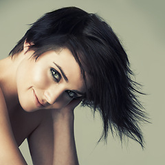 Image showing Hair, portrait and woman in studio with shampoo, treatment or haircut results on wall background. Haircare, face and emo female model smile for dye, color or cosmetics, punk rocker or goth aesthetic