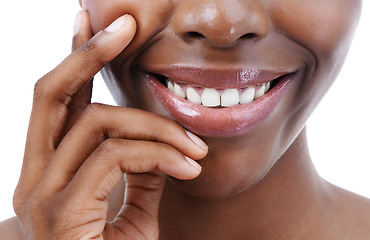 Image showing Skincare, beauty and lips of happy woman on a white background smile for wellness, cosmetics and makeup. Dermatology, salon and natural face closeup of person with gloss, lipstick and teeth in studio