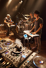 Image showing Band, practice and performance of music at stage with people in preparation of production for concert. Sound, equipment and musician in theater ready for creative show with instruments and technology