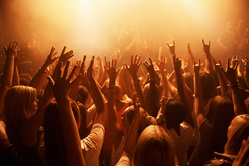 Image showing Music, concert and crowd of people dancing for performance with lighting equipment at party. Event, entertainment and group of fans or audience at festival, disco or rave with energy for song.