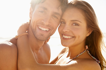 Image showing Beach, hug and portrait of couple smile for summer sunshine, outdoor wellness or travel holiday in Argentina. Happiness, love and face of romantic man, woman or marriage partner on honeymoon vacation