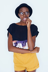 Image showing Fashion, thinking and confused with hipster black woman in studio on white background for style. Doubt, question and idea for solution with young person in trendy clothes outfit for problem solving
