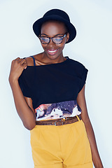 Image showing Fashion, beauty and African woman on a white background in trendy, stylish and casual clothes. Confidence, hipster style and isolated attractive person with smile, glasses and happiness in studio