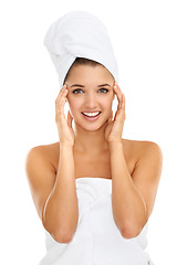 Image showing Towel, beauty and portrait with happy woman over cosmetics, aesthetic makeup or facial collagen results. Bathroom, spa and person in studio for skincare, hygiene or foundation on white background