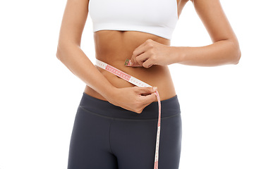 Image showing Hands, closeup and woman with measuring tape to lose weight in studio or white background. Fitness, check and stomach of person with measurement, size of body and progress for health and wellness