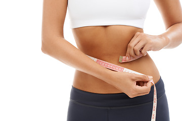 Image showing Woman, hands and measuring tape closeup to lose weight in studio or white background. Fitness, check and person with measurement results and size of body for health, wellness and progress in goals