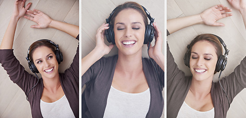 Image showing Woman, headphones and happy in collage, listening and music with peace, thinking or memory on floor. Person, above and smile with tech for sound, hearing and audio streaming subscription in home