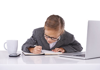 Image showing Business professional, notebook and child planning in studio, ideas and writing agenda in diary. Female person, pretend employee and notes in journal, online research and laptop on white background