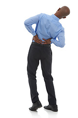 Image showing Stress, studio or African businessman with back pain injury, fatigue or burnout on white background. Posture problem, tired employee or injured worker frustrated by muscle tension, spine or crisis