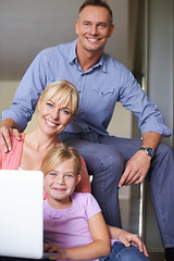 Image showing Happy family, portrait and laptop in living room on internet and streaming subscription in apartment. Daughter, woman or man with smile face by online video on couch, technology or connected in house