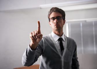 Image showing Businessman, finger and virtual screen for futuristic technology with glasses and innovation in office. Invisible, vision and serious in thinking of professional and digital transformation or touch