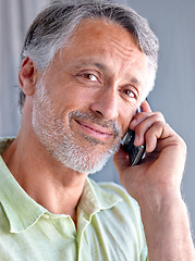 Image showing Mature, portrait or happy man on a phone call talking or listening for communication with smile. Face, retirement or male senior person in home calling to chat in conversation or speaking on mobile