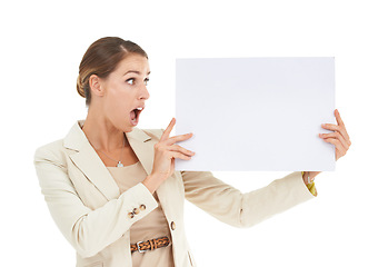 Image showing Surprise, space or businesswoman with banner mockup for a sale, promotion offer or logo advertising deal. Wow, plain bulletin board or excited lady with blank signage in studio on white background