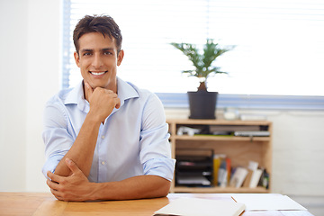 Image showing Happy man, business or portrait with confidence at office for career ambition, desk job or company. Documents, professional person or proud accountant with paperwork at workplace or in accounting