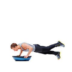 Image showing Man, workout and push ups with ball for fitness, exercise or training on a white studio background. Active male person lifting body challenge for strength, muscle or strong arms on mockup space