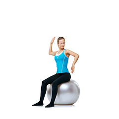 Image showing woman, arms or exercise ball in studio mockup space for workout, wellness or mobility for balance. Female athlete training, healthy or fitness pose for back posture or flexibility on white background