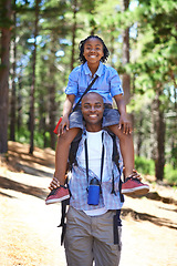 Image showing Man, child and portrait on shoulders in nature for hiking forest path, weekend explore or vacation journey. Black person, daughter and carrying for holiday love together, woods travel or sunshine