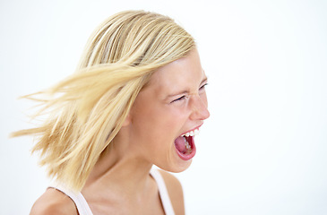 Image showing Angry, frustrated and profile of screaming woman with stress isolated on a white studio background mockup space. Face, shouting and blonde person yelling loud, depression expression or girl in crisis