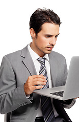 Image showing Laptop, thinking and business man in studio for research, planning or remote work communication on white background. Search, reading or freelance manager online for schedule, proposal or management