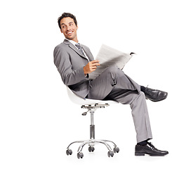 Image showing Business man, happy and reading newspaper in studio, headlines and information on current events. Businessperson, smile and knowledge or announcement on paper, news and update by white background