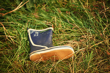 Image showing Boot, grass and outdoor with nature, day and lost with environment, sunshine and countryside. Outside, empty and single shoe with footwear, ground and missing with field and abandon with summer