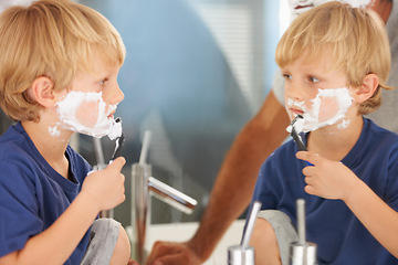 Image showing Shaving, dad and son with cream, razor on face and bonding in home with morning routine. Teaching, learning and father helping child in bathroom for facial shave, clean foam and grooming together.