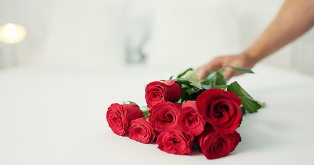 Image showing Red roses, table and person hand with valentines day present and gift for love and commitment, Flowers, bouquet and floral arrangement with surprise on a bed in a home for giving for an anniversary