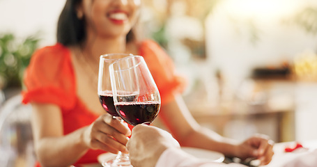 Image showing Hands, wine and people with toast for celebration on Valentines day, love and romantic date in relationship. Connection, commitment and couple with drinks for special event or anniversary cheers