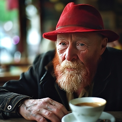 Image showing Man With Red Hat, Sitting at Table With Cup of Coffee