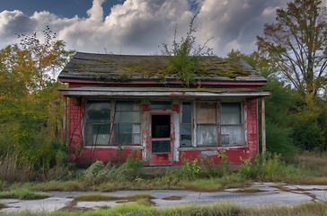 Image showing Abandoned Red Building With Green Roof in Dilapidated State