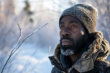 Image showing Man With Beard Wearing Winter Hat, Close-Up Portrait of a Bearded Man Bundled Up for Cold Weather