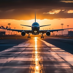 Image showing Large Jetliner Flying Over Runway at Sunset