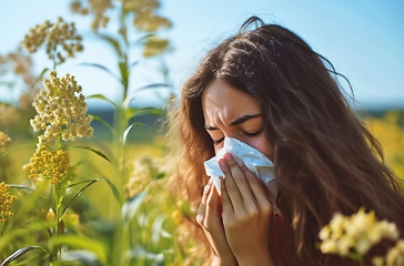 Image showing Woman Blowing Her Nose in Field of Flowers