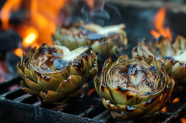 Image showing Grilled Artichokes Being Cooked on a Grill