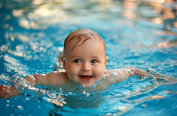 Image showing Joyful Baby Swimming With Smiling Face in Pool