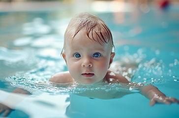 Image showing Adorable Baby With Blue Eyes Enjoying a Safe Swim in a Pool