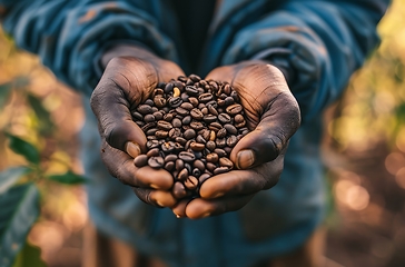 Image showing Person Holding a Handful of Coffee Beans, A Close-up Image of a Coffee Lovers Essential Ingredient