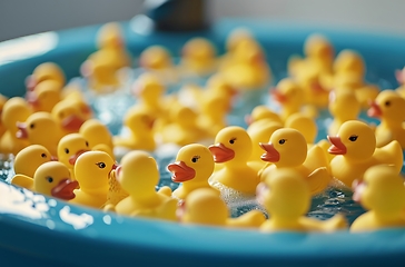 Image showing Group of Rubber Ducks in Blue Bowl, Playful Toy Ducks Gathered Inside a Colorful Container