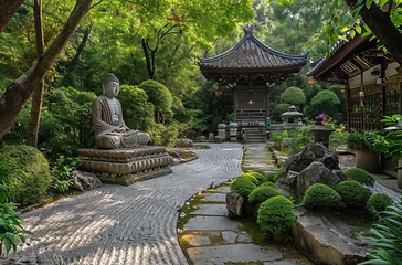 Image showing Peaceful Garden With Buddha Statue at the Center
