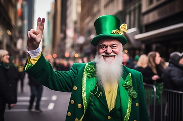 Image showing Man in Green Suit and Hat Waves to Crowd at Event