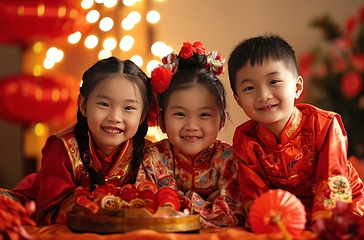 Image showing Group of Young Children Sitting Together in a Row