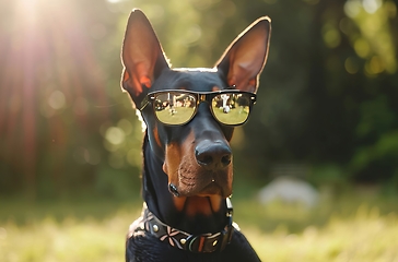 Image showing Doberman Dog Wearing Sunglasses on a Sunny Day