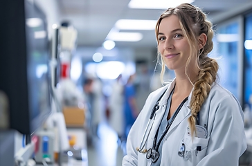 Image showing Woman in White Lab Coat Standing in Hospital Hallway