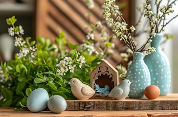 Image showing Wooden Table With Vases of Flowers, Natural Decor for Any Space