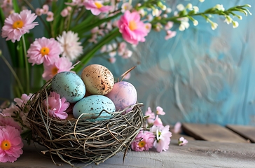 Image showing Birds Nest Filled With Eggs on Wooden Table