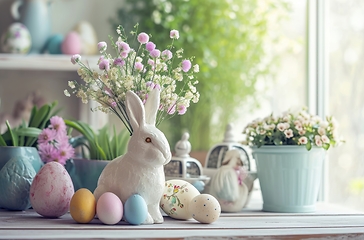 Image showing White Rabbit Sitting on Table Next to Flowers